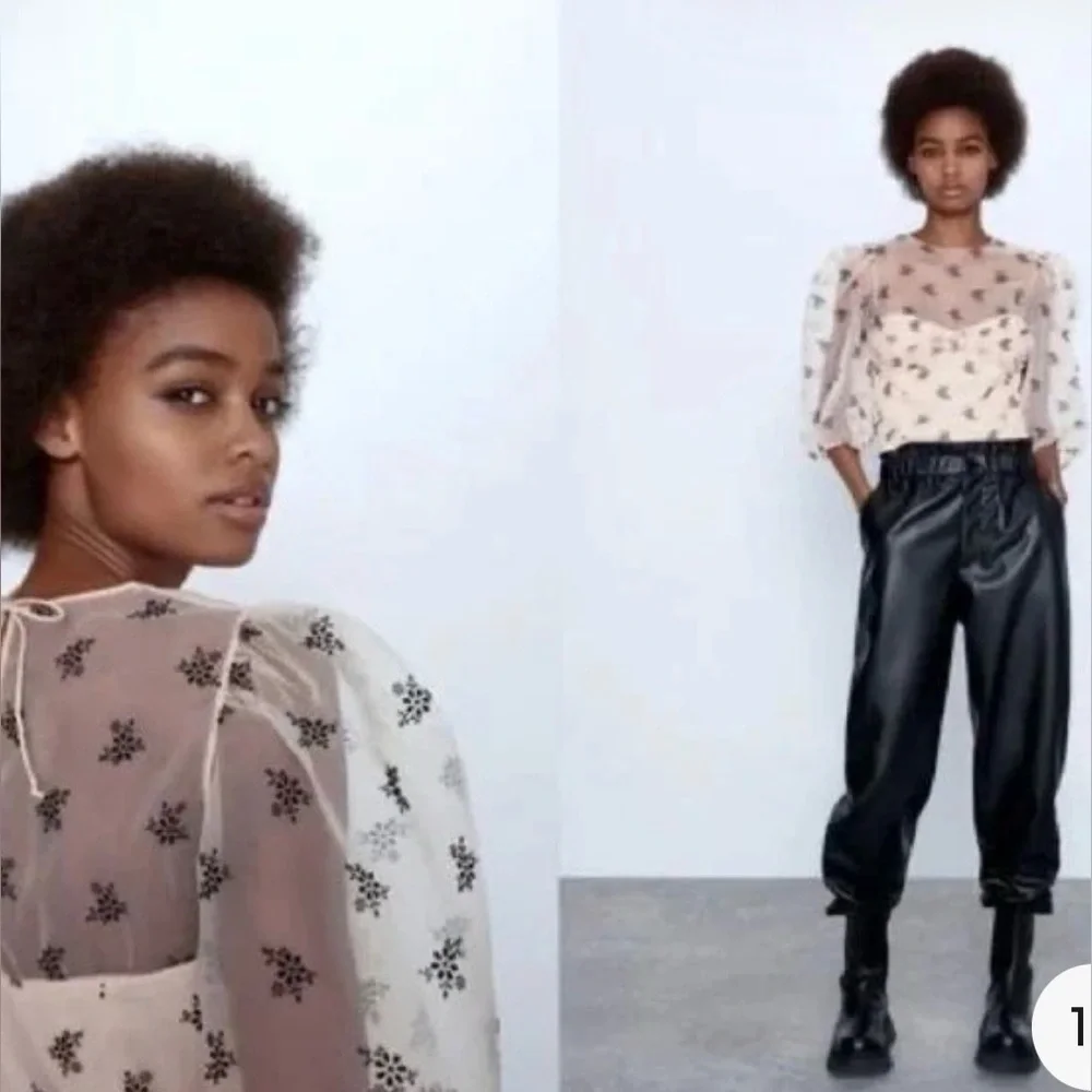 Zara Sheer Puff-Sleeve Floral Appliqué Top in Cream and Black